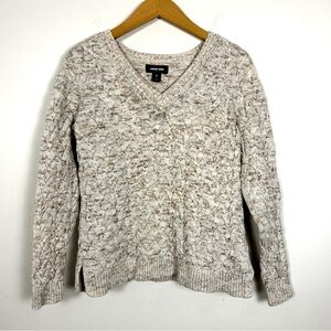 Lands’ End Drifter Cable Knit Sweater M Cotton Fisherman Cream Blue Brown Marl